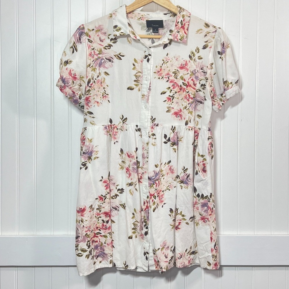 Lumiere Top Cottagecore Floral Button Front White Pink Purple Short Sleeve S